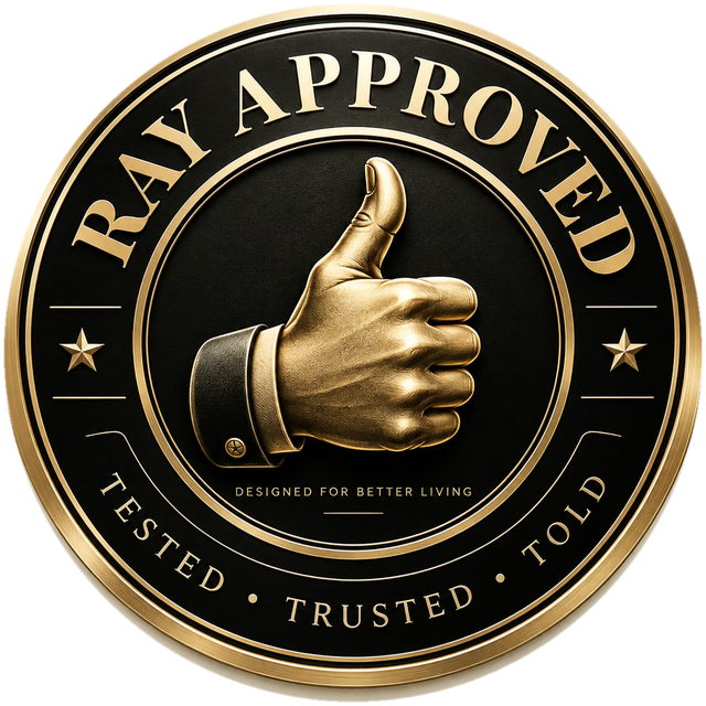 Ray Approved seal: a gold thumbs-up, Tested, Trusted, Told